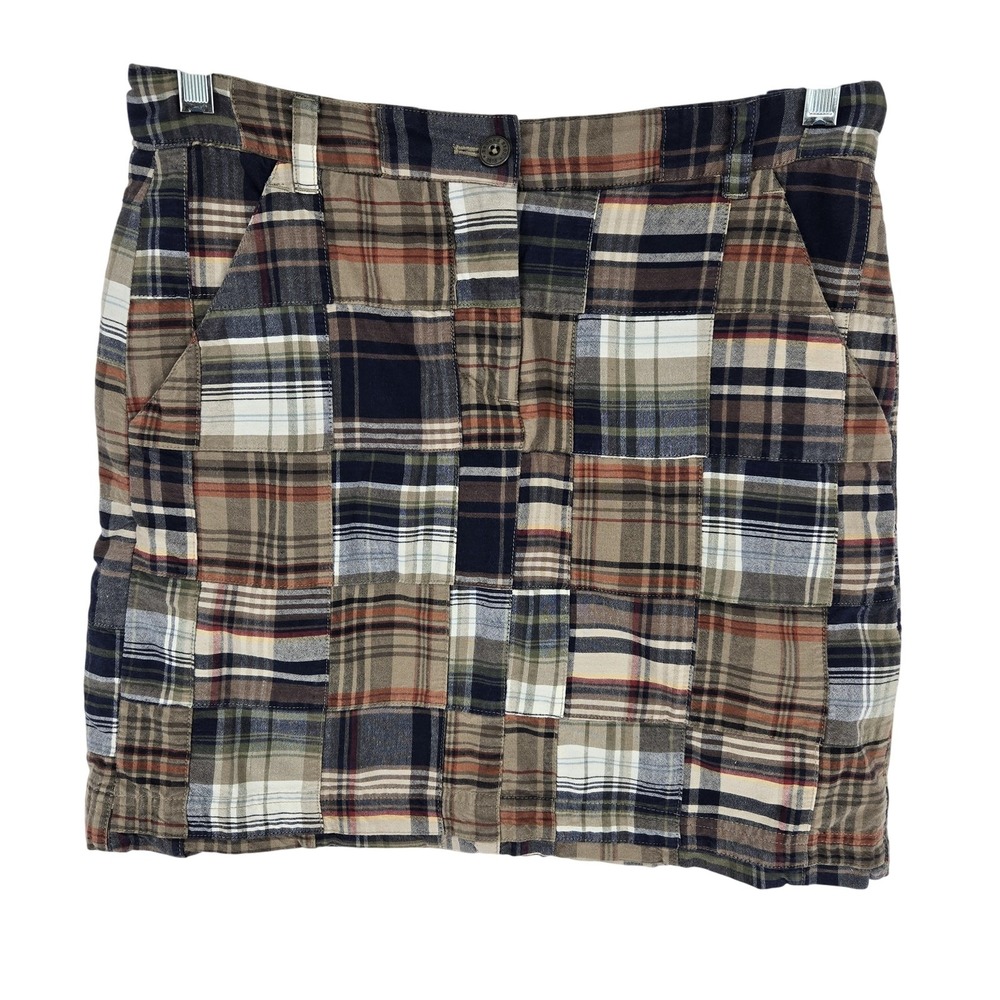 Brooks Brothers Skirt Womens 4 Patchwork Madras Plaid Preppy Brown Navy Green